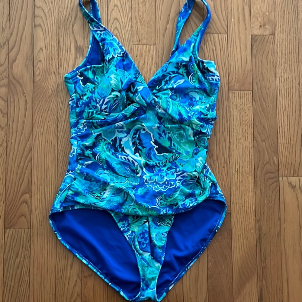 Ralph Lauren Blue and Green One Piece Swimsuit with Aquatic Pattern